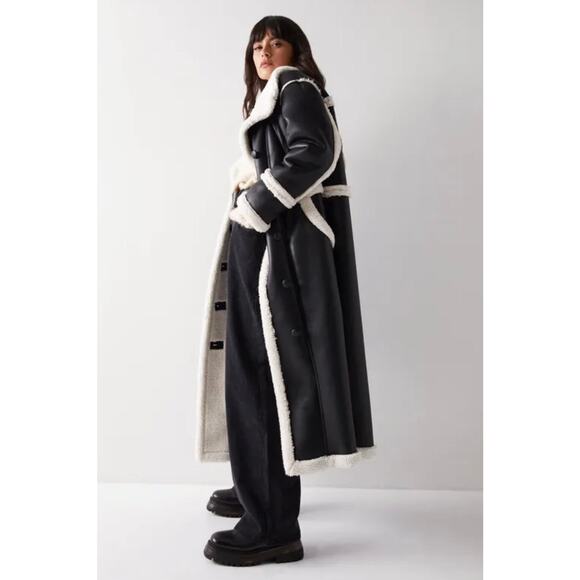 New Nasty Gal Longline Faux Leather Aviator Coat Jacket Black 4 Shearling - Picture 3 of 13